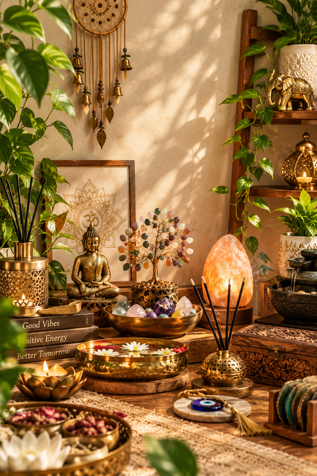 boho zen altar with crystals and plants