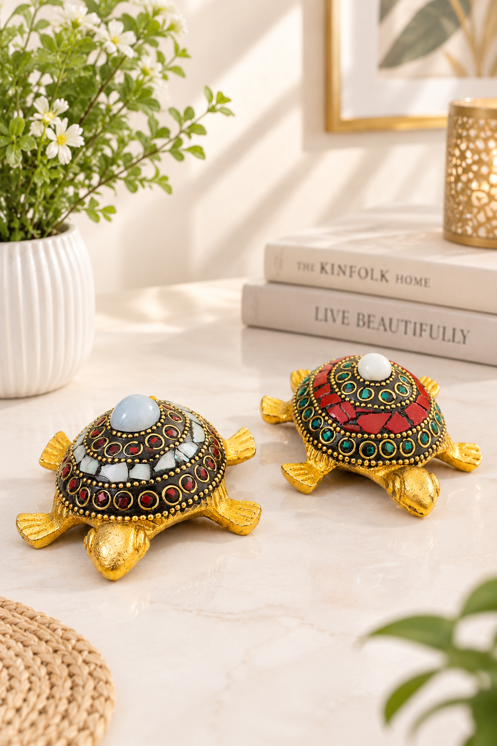 ornate golden turtle decor vignette